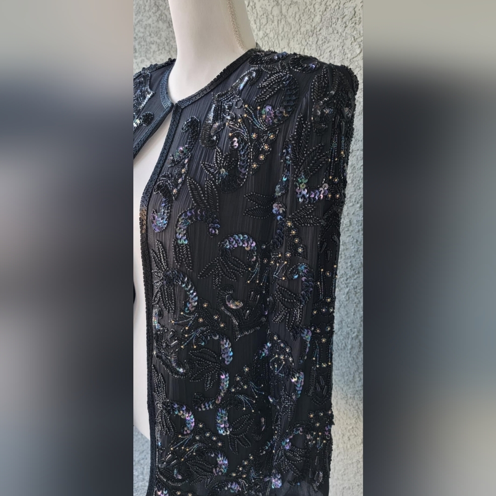 Vintage Beaded Silk Evening Jacket Sequin Blazer Glam Art Deco Style - Picture 6 of 13